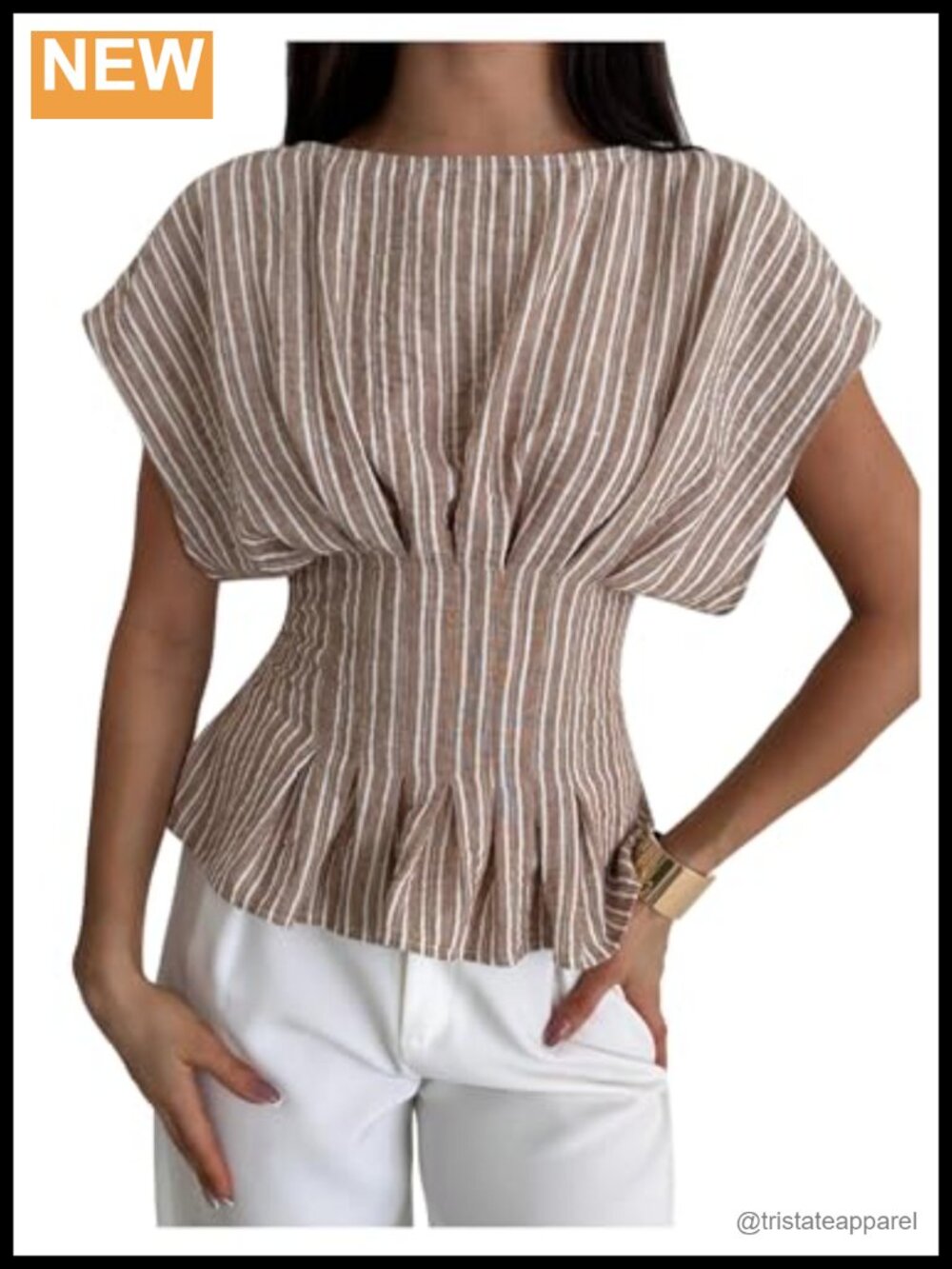 Women's Striped Peplum Blouse Ruffle Hem Cap Sleeve Business Casual Top
